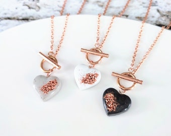 Concrete jewelry heart necklace rose gold with copper, stainless steel necklace with toggle clasp, heart pendant, heart necklace, Mother's Day gift for women