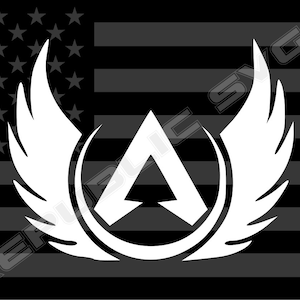 May include: A white stylized logo with wings on a black and white American flag background. The logo features a stylized letter A with a circle around it.