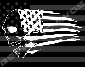 May include: Black and white graphic design featuring a skull overlaid on a distressed American flag. The flag's stars and stripes are visible, with the skull's outline in white. The design has a bold, edgy aesthetic.