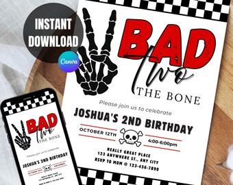 Bad Two the Bone Birthday Invitation  Editable Digital Invite  Two Cool 2nd Birthday Boy Party  RED Bad Bone Invitation template