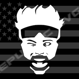May include: A white silhouette of a person's face with a winking eye and a goatee, set against a black and white American flag background.
