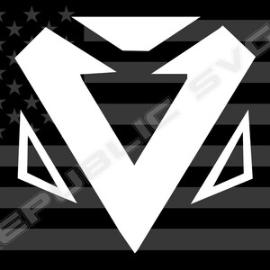 May include: A white stylized V-shaped logo on a black and white American flag background.