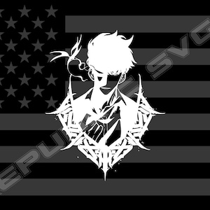 May include: A black and white image of a stylised anime character with a spiky hairstyle, wearing a jacket and standing in front of a black and white American flag.