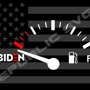 May include: A black and white American flag with a fuel gauge that reads 'E' for empty. The needle points to the 'E' and the word 'BIDEN' is below the gauge.