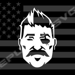May include: A black and white illustration of a man's face with a patch over his right eye. The face is set against a black and white American flag background.