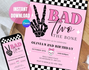 Bad Two the Bone Birthday Invitation  Editable Digital Invite  Two Cool 2nd Birthday Girl Party  Pink Bad Bone Invitation template