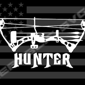 May include: A white silhouette of a compound bow with the word "HUNTER" underneath, all on a black and white American flag background.