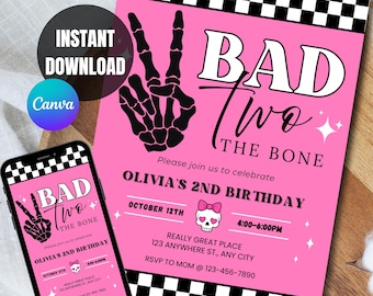 Bad Two the Bone Birthday Invitation  Editable Digital Invite  Two Cool 2nd Birthday Girl Party  Pink Bad Bone Invitation template