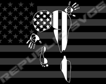 May include: A white silhouette of a person with outstretched arms and footprints on a black and white American flag background.