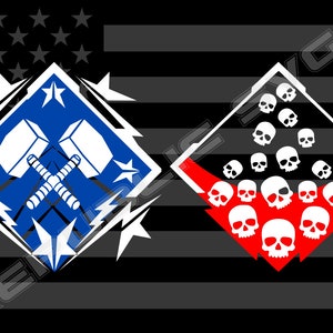 May include: Two diamond-shaped patches on a black and white striped background. The left patch is blue with two white crossed hammers and white stars. The right patch is red with white skulls.