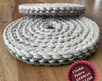 Trivet, thick, sturdy, round, English + GERMAN PDF, coaster for pans, pots, table, gift, pot holder, crochet pattern