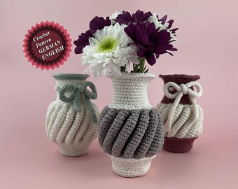 Small vase for REAL flowers, crocheted, ENGLISH + GERMAN pdf, as a gift, for Mother's Day, made of cotton yarn, flower decoration, home decoration