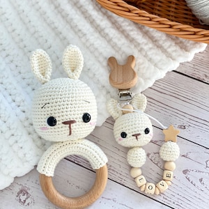 PATTERN: Bunny Rattle and Pacifier Clip Bundle, Easy to Follow Crochet Pattern, Baby Rattle, Bunny Pacifier Clip, Pacifier Clip