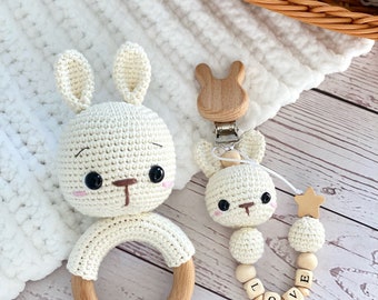 PATTERN: Bunny Rattle and Pacifier Clip Bundle, Easy to Follow Crochet Pattern, Baby Rattle, Bunny Pacifier Clip, Pacifier Clip