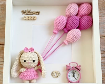 Crochet Bunny, Box Frame, New Baby Gift, Personalised Baby Frame, Baby Room Decor, Personalised Baby Gift, Baby Decor, Crochet Rabbit