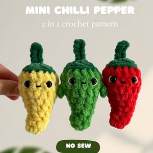 2 in 1 Mini Chilli Pepper No Sew PDF Crochet Pattern, Chilli Crochet Plushie, Cute Mini Vegetables, Beginners Crochet Pattern