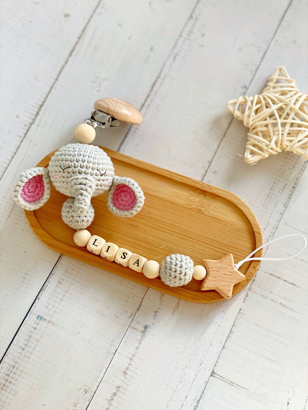Personalised Crochet Elephant Pacifier Clip Personalised Etsy