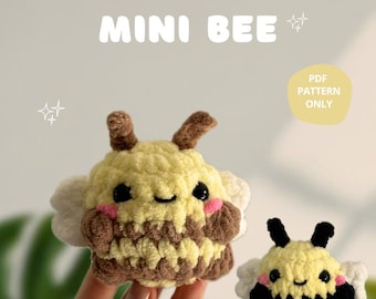 May include: Two crocheted bee plushies, one larger and one smaller. The larger bee is yellow and brown with a smiling face and pink cheeks. The smaller bee is yellow and black with a smiling face and pink cheeks. Both bees have white wings. The text "no sew" is written below the bees.