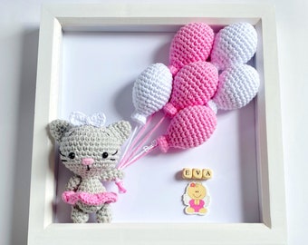 PATTERN: Crochet Cat, Crochet Frame, Crochet Kitty, Crochet Baby Gift, Baby Room Decor, Personalised Baby Frame, Box Frame