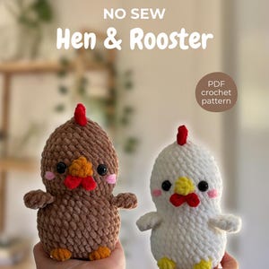 May include: Two crocheted hen and rooster plushies. The hen is brown, and the rooster is white. Both have red combs, yellow beaks, and pink cheeks. The text "NO SEW Hen & Rooster" is above the plushies, and "PDF crochet pattern" is in a circle.