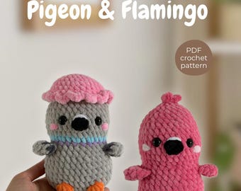 May include: Two handmade crochet birds: a gray pigeon wearing a pink hat and a pink flamingo. The pigeon has orange feet and a colorful neckband. The flamingo has white accents. The text "NO SEW Pigeon & Flamingo" is at the top.