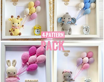 PATTERN PACK: Bunny Crochet Pattern Elephant Frame Nursery Decor Crochet Pattern Box Frame Crochet Kitty For Baby Room Decor