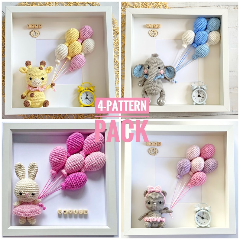 May include: Four crochet amigurumi patterns for a giraffe, elephant, bunny, and bear holding balloons. Each pattern includes a name tag, clock, and balloons. The patterns are available as a 4-pattern pack.