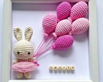 PATTERN: Crochet Bunny, Crochet Frame, DIY Crochet Rabbit, Crochet Balloons, Baby Room Decor, Personalised Baby Frame, Box Frame