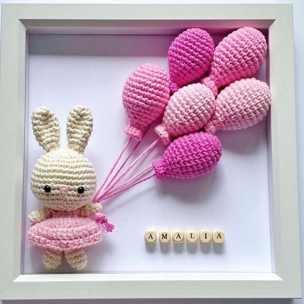 PATTERN: Crochet Bunny, Crochet Frame, DIY Crochet Rabbit, Crochet Balloons, Baby Room Decor, Personalised Baby Frame, Box Frame