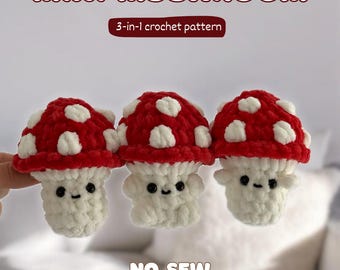 May include: Three crocheted mini mushrooms with red caps and white polka dots. The mushroom stems are white with smiling faces. Text on the image reads "MINI MUSHROOM", "3-in-1 crochet pattern", and "NO SEW".