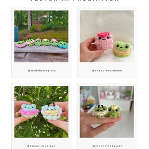 May include: A collage of four polaroid-style photos showcasing handmade crochet frog designs. The frogs are in various colors, including green, pink, and blue, and some have floral or ruffled accents. The text "TESTER APPRECIATION" is at the top.