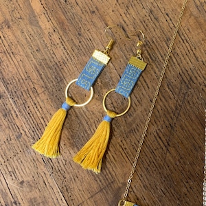 Natural Dye Indigo Blue Earrings/Shibori/Fabric earrings/Greek Key/Gold Metal / Handmade yellow tassels Earrings/ Lightweight Earrings