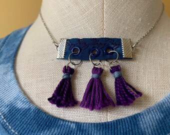 Shibori Choker Necklace with Blue Fabric pendant/Fabric Necklace/Blue Necklace/Purple Tassel Necklace/Handmade Necklace/Statement Necklace