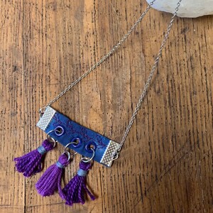 Shibori Choker Necklace with Blue Fabric pendant/Fabric Necklace/Blue Necklace/Purple Tassel Necklace/Handmade Necklace/Statement Necklace image 7