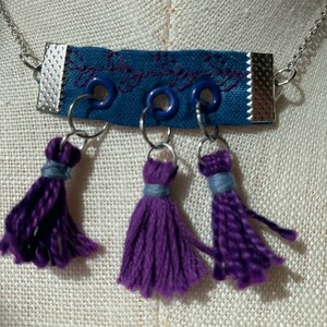 Shibori Choker Necklace with Blue Fabric pendant/Fabric Necklace/Blue Necklace/Purple Tassel Necklace/Handmade Necklace/Statement Necklace image 4