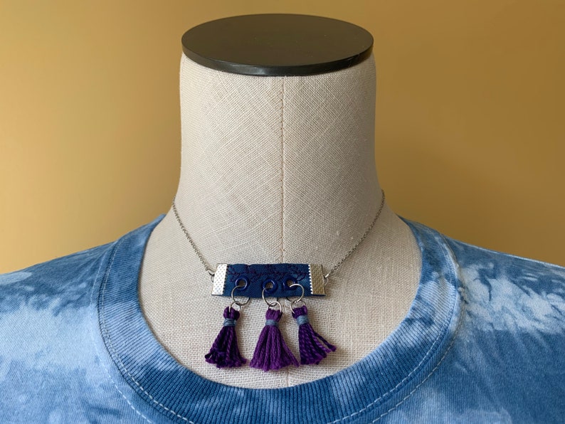 Shibori Choker Necklace with Blue Fabric pendant/Fabric Necklace/Blue Necklace/Purple Tassel Necklace/Handmade Necklace/Statement Necklace image 3