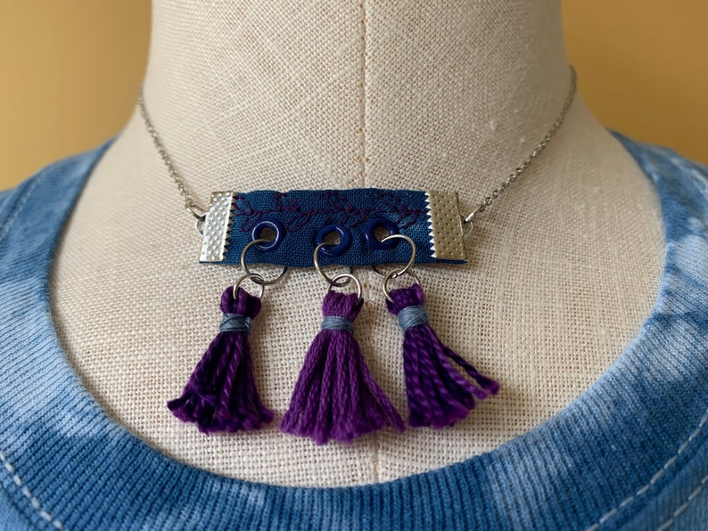 Shibori Choker Necklace with Blue Fabric pendant/Fabric Necklace/Blue Necklace/Purple Tassel Necklace/Handmade Necklace/Statement Necklace image 1