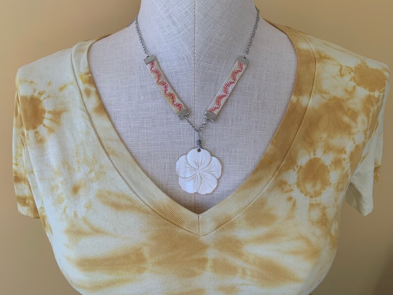 Hibiscus Flower NecklaceShibori Fabric with Marigold Dye Yellow Fabric Necklace Coral necklacePalm leaves necklace Shell Pendant Beads