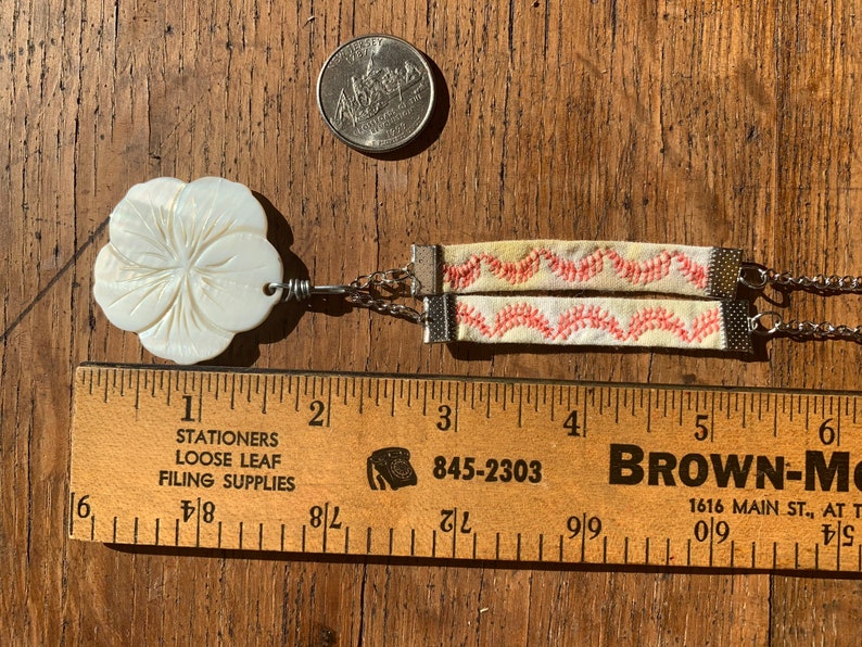 Hibiscus Flower NecklaceShibori Fabric with Marigold Dye Yellow Fabric Necklace Coral necklacePalm leaves necklace Shell Pendant Beads