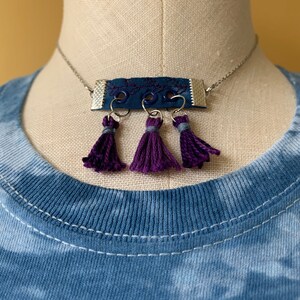 Shibori Choker Necklace with Blue Fabric pendant/Fabric Necklace/Blue Necklace/Purple Tassel Necklace/Handmade Necklace/Statement Necklace image 2