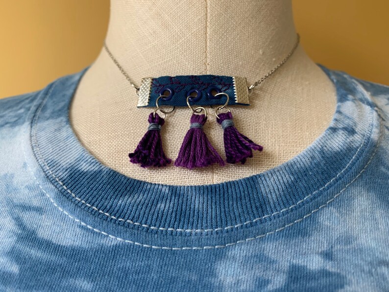 Shibori Choker Necklace with Blue Fabric pendant/Fabric Necklace/Blue Necklace/Purple Tassel Necklace/Handmade Necklace/Statement Necklace image 2