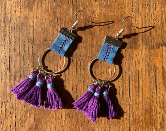 Shibori Blue Indigo Fabric Earrings/Purple Flower pattern/Purple Tassel Earrings/ Handmade Earrings/Spring Earrings