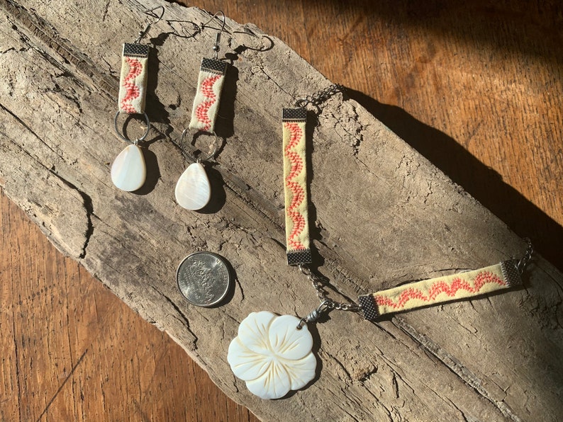 Hibiscus Flower NecklaceShibori Fabric with Marigold Dye Yellow Fabric Necklace Coral necklacePalm leaves necklace Shell Pendant Beads