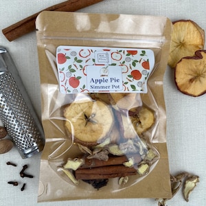 Może przedstawiać: Przezroczysty plastikowy woreczek wypełniony suszonymi plastrami jabłek, cynamonowymi patyczkami, imbirem i goździkami. Woreczek jest oznaczony etykietą "Apple Pie Simmer Pot" i ma wzór czerwonych jabłek.