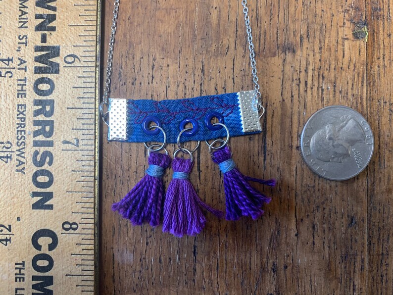 Shibori Choker Necklace with Blue Fabric pendant/Fabric Necklace/Blue Necklace/Purple Tassel Necklace/Handmade Necklace/Statement Necklace image 8