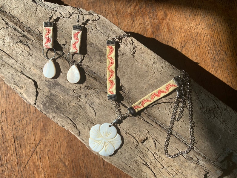 Hibiscus Flower NecklaceShibori Fabric with Marigold Dye Yellow Fabric Necklace Coral necklacePalm leaves necklace Shell Pendant Beads