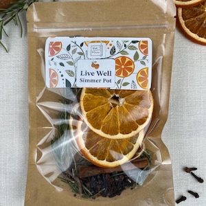 Può includere: Un sacchetto di carta marrone con una finestra di plastica trasparente, contenente fette di arancia essiccate, bastoncini di cannella, chiodi di garofano e rametti di rosmarino. Il sacchetto ha un'etichetta con la scritta "Live Well Simmer Pot".