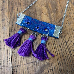 Shibori Choker Necklace with Blue Fabric pendant/Fabric Necklace/Blue Necklace/Purple Tassel Necklace/Handmade Necklace/Statement Necklace image 10