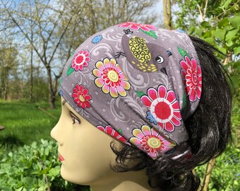 Bandana Haarband  Bio Baumwolle grau mit Blumen und Vögeln