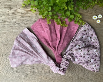 Bandana headband/headscarf in pink with flowers or antique rose embroidered muslin cotton